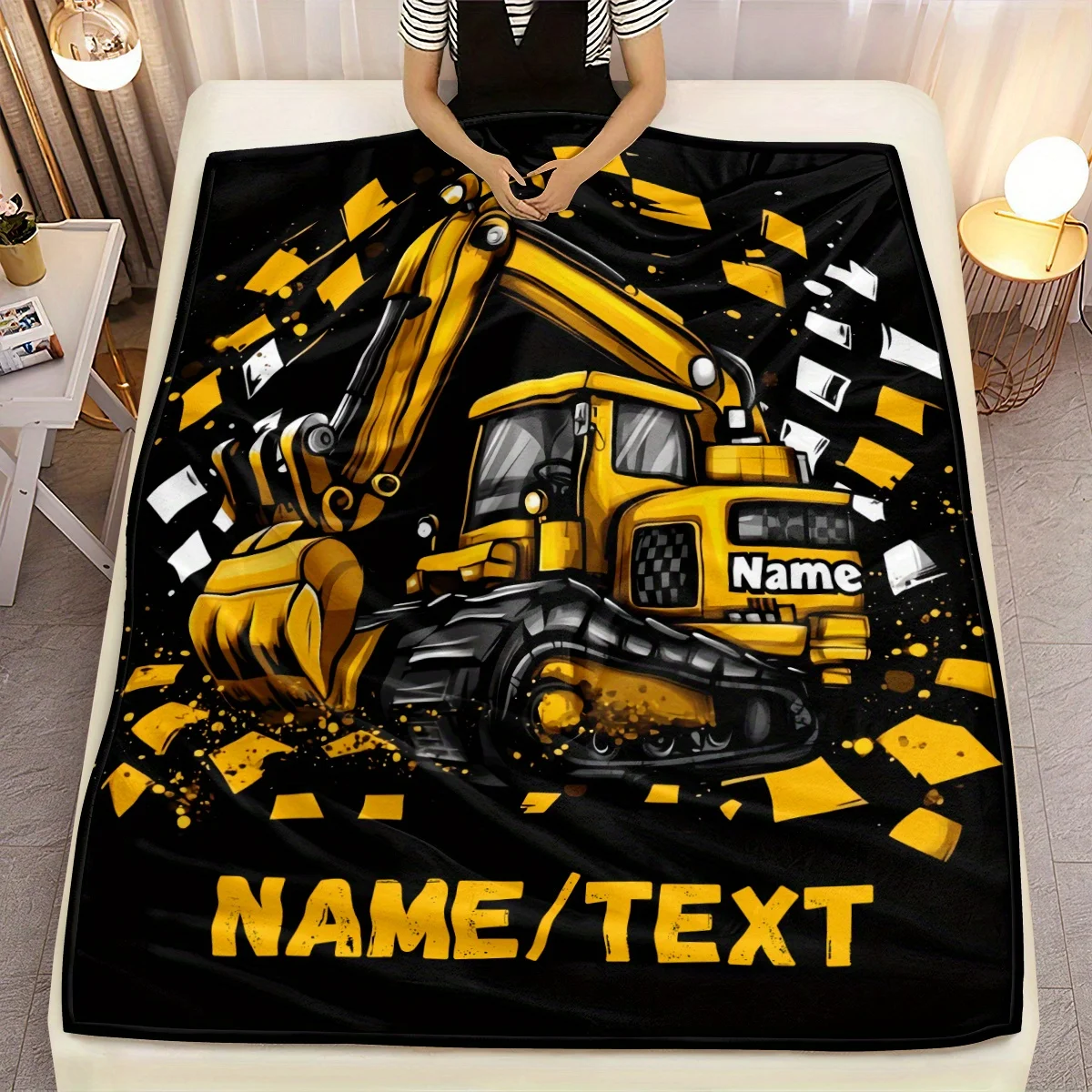 Customized Name Excavator Blanket Lightweight Flannel, Soft and Warm, Digital Printed Name Text, Tear Resistant