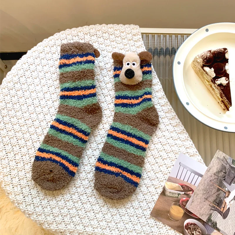 Cute dog Korean Coral fleece Socks Thick Women Winter Warm Long Sock Home Sleep Plush Socks Harajuku Stripe Girl Sokken Sox