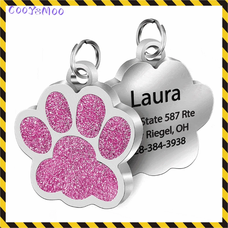 Personalized Dog Cat CustomTags Engraved Puppy Pet ID Name Collar Tag Stainless Steel Paw Glitter Pendant Pets Dogs Accessories
