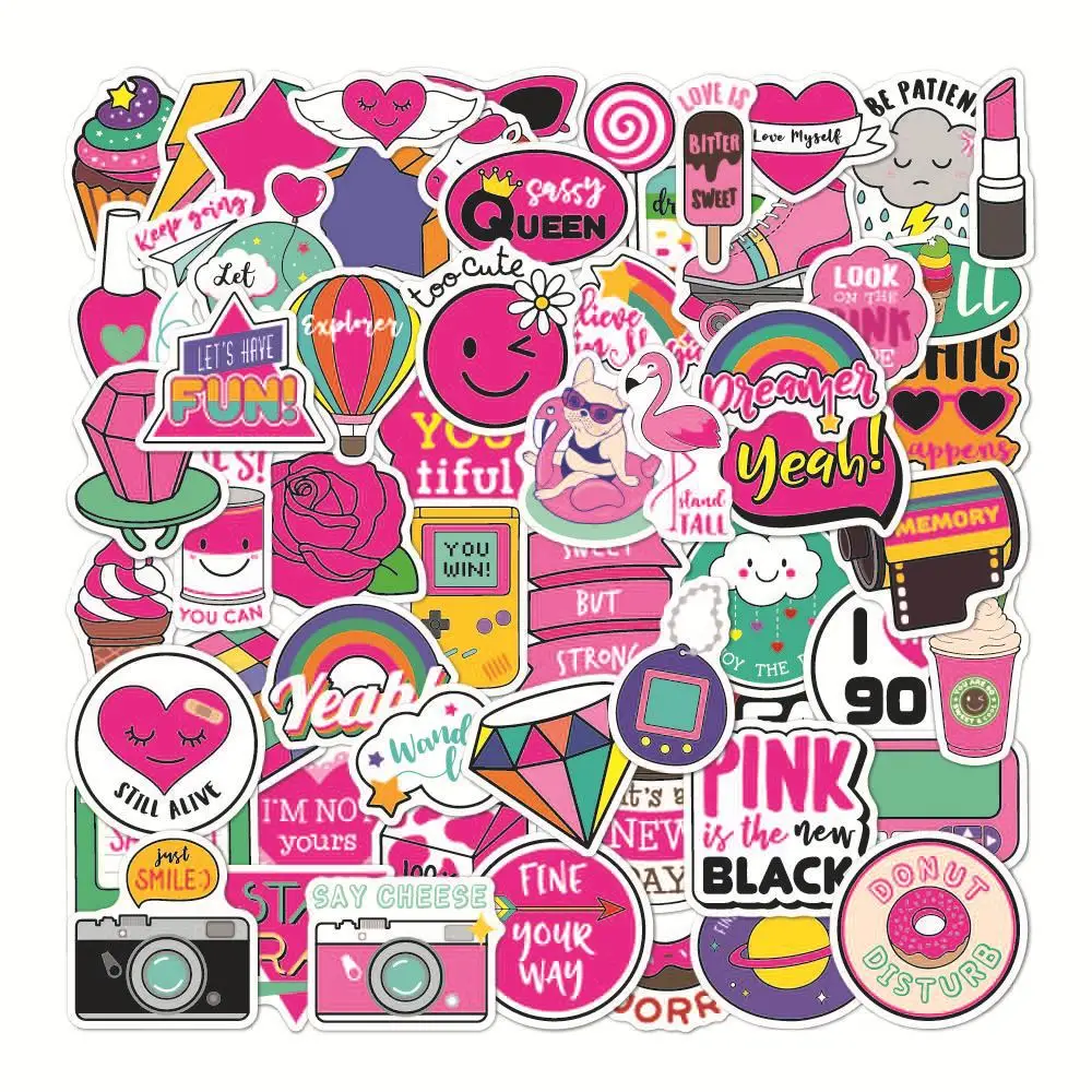 60pcs Kawaii Pink Stickers Girl Heart Cute Cartoon Graffiti PVC Waterproof Decoration Tablets Skateboards Suitcase Sticker Label