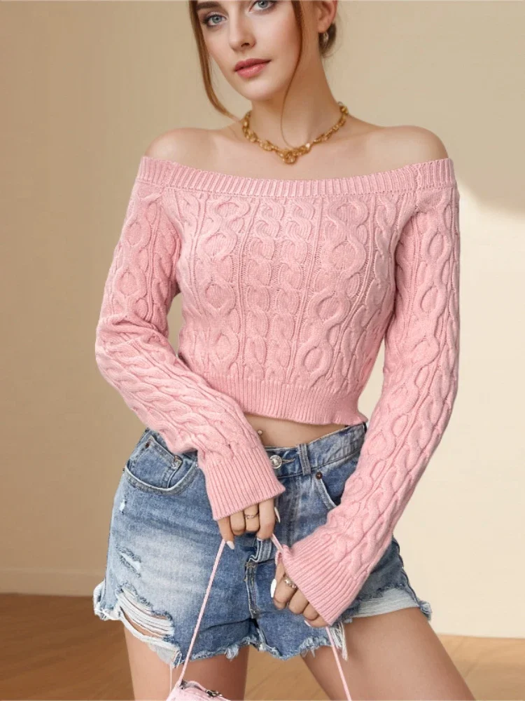 Autumn Winter 2024 New Style Sexy One Neck Fried Dough Twists Knitwear Pullover Female Spicy Girl Slim Short Undercoat Sweater