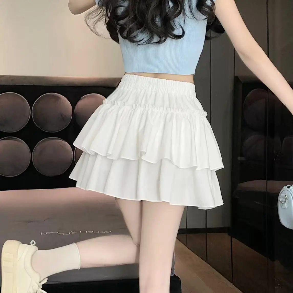 

Юбка-торт с милым кружевным подолом, женская юбка с высокой талией, белая, лето 2022, модная облегающая юбка чистого цвета