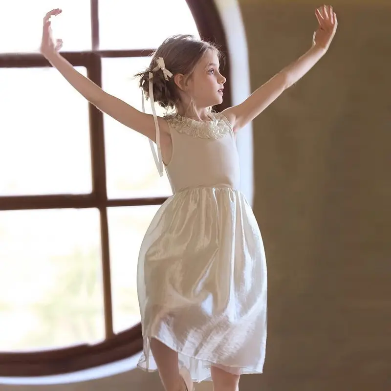 Girl's New 2025 Dress Summer New Mullein Lace Edge Glossy Sleeveless Princess Dress Children's Cool Feeling Undershirt Dress