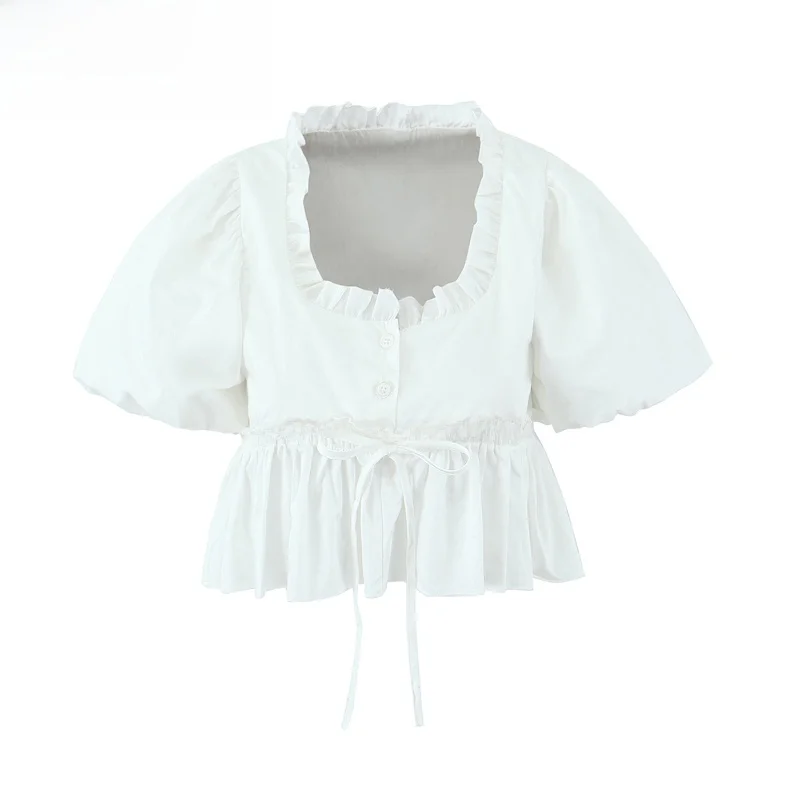 ファイオナブル レディース バブルスリーブ ドレス ドローストリング付き ノットウッド フリル装飾 サマー新作