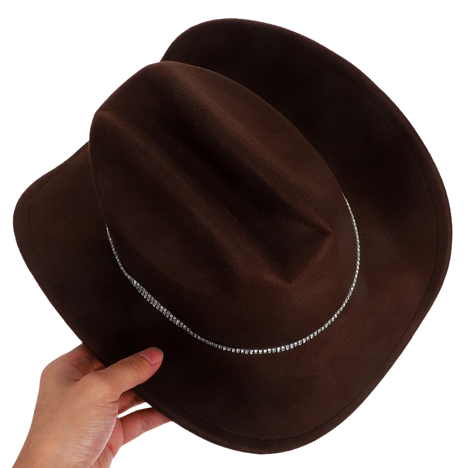 قبعة رعاة البقر الغربية للنساء من حجر الراين ذات حافة واسعة للحفلات - إكسسوار قبعة راعية البقر باللون البني #1