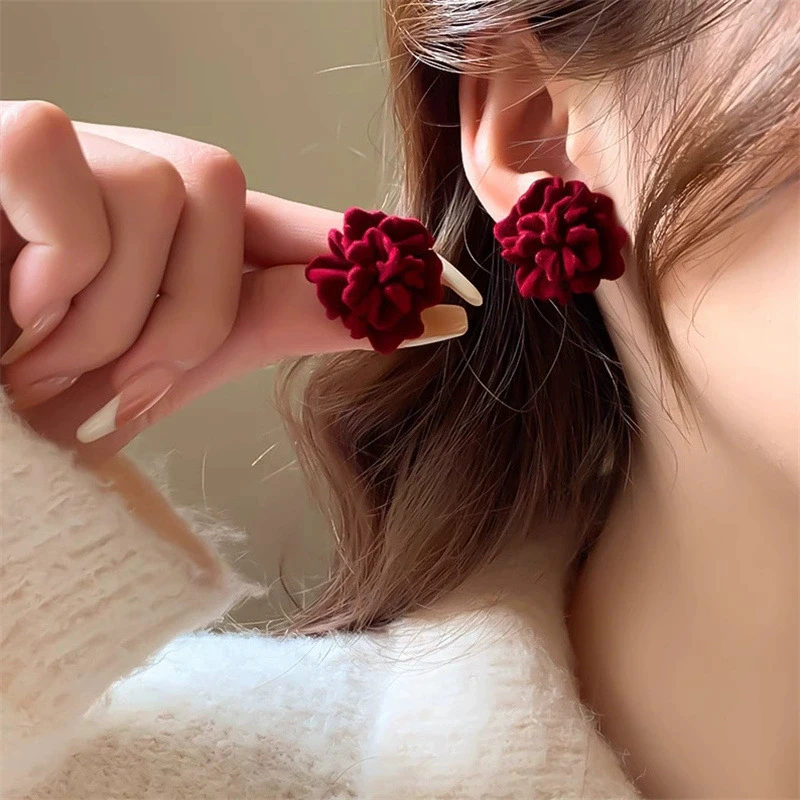 Temperament Winered Flocking Camellia Flower Stud Geometry Earring Jewelry Christmas Girl Friend Gift image 6