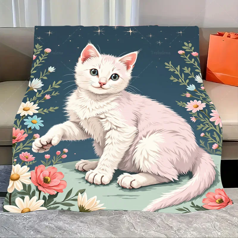 

1pc Flannel Blanket Cute White Kitten with Floral Border Soft Cozy Blanket for Kids Room Decor