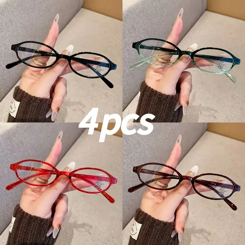 4pcs Casual Oval Shaped Glasses with A Small Frame, Lightweight and Anti Blue Light Flat Lens Suitable for Wearing At Gatherings