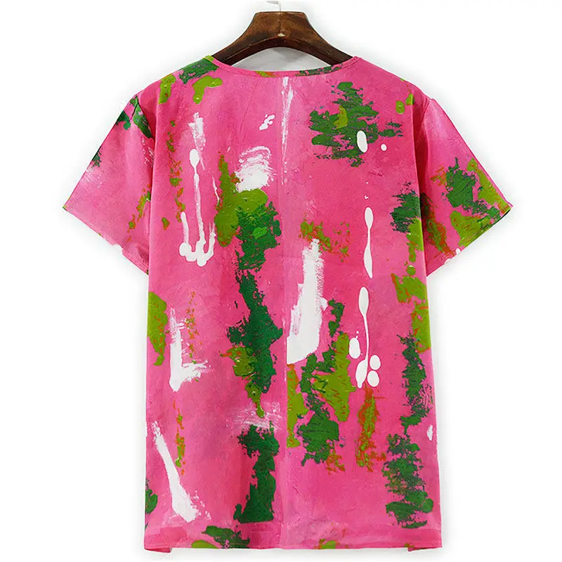 BirdTree-zijde dubbel crêpe elegant T-shirt, O-hals korte mouw print, damesmode losse tops voor woon-werkverkeer, 2026 lente T5D859CC