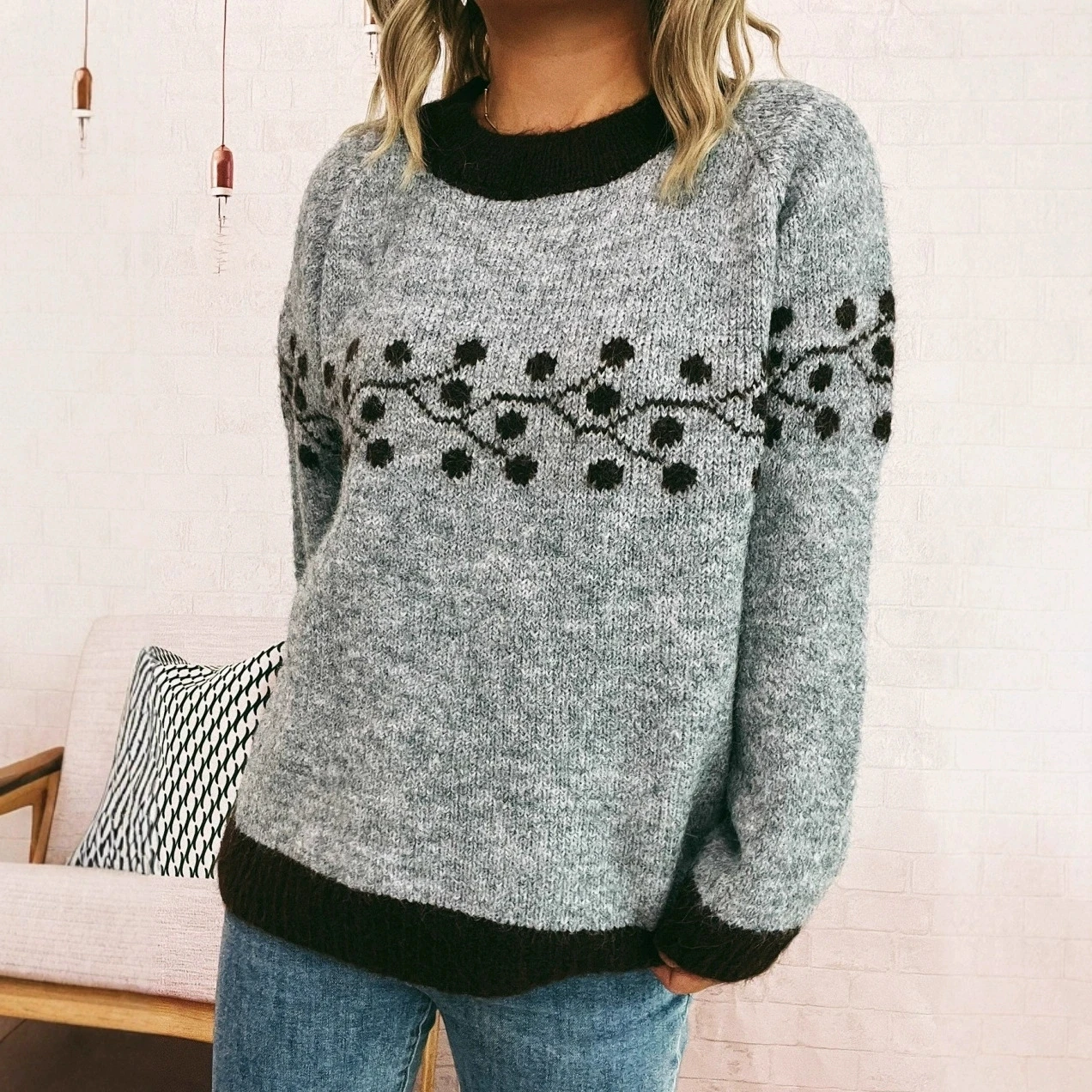 Autumn and winter new round dot branch jacquard knitted sweater commuting casual sweater pullover for women tops