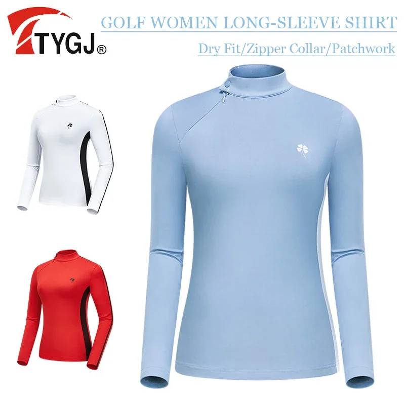 TTYGJ New Elastic Golf Apparel Women Patchwork Golf Long-sleeve T-shirt Ladies Slim Fast Dry Shirt Casual Underwear Zip Collar