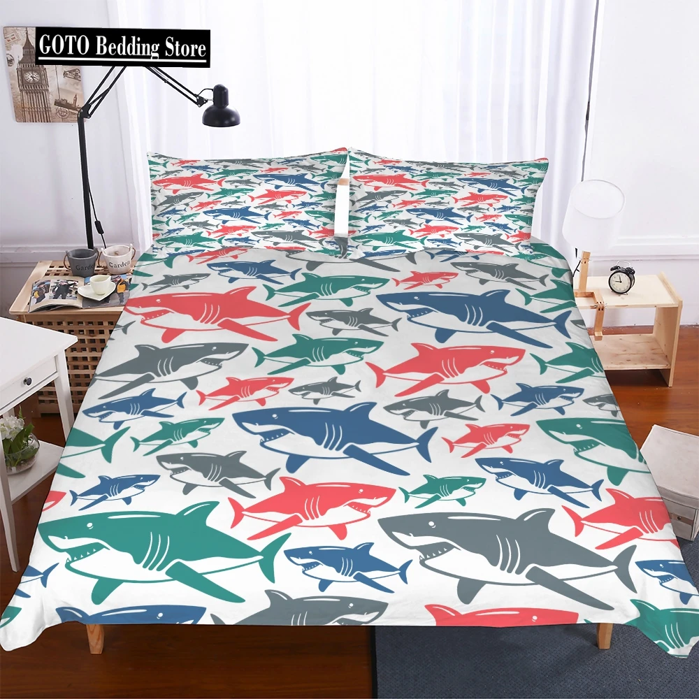 

3D Print Red Blue Black Shark Whale Duvet Cover with Pillow Cover High Quality Soft Comforter Cover Bedding 100% Bamboo Fiber