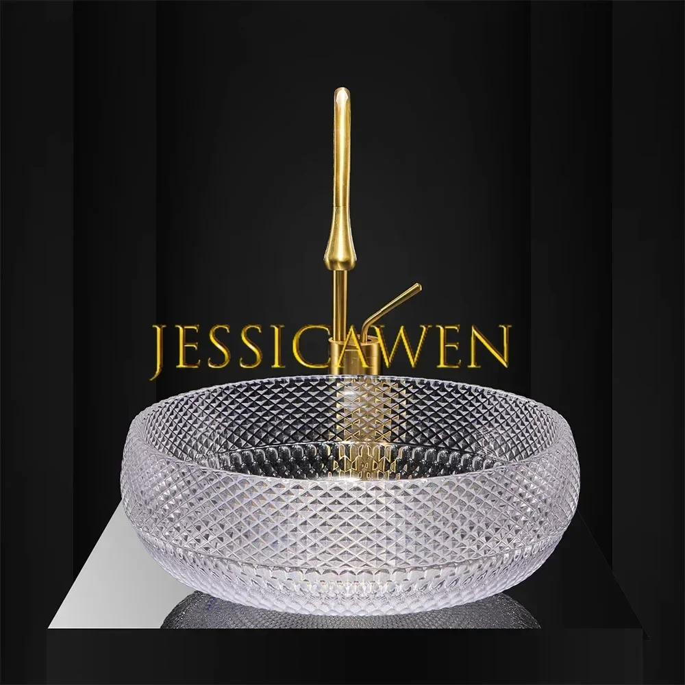 390*390*150mm Mini Bathroom Washbasin Luxury Golden Glass Sink Transparent Countertop Art Basin Hotel Vessel Sink with Faucet