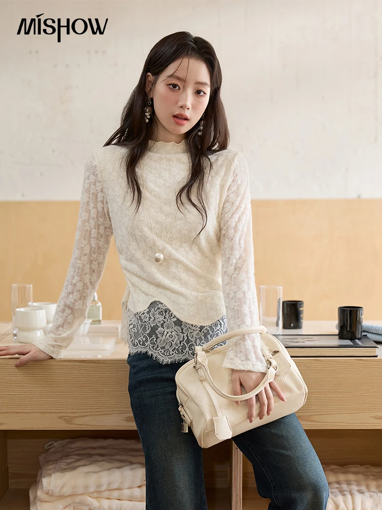 

MISHOW Woman Long Sleeve Tops 2025 Autumn Winter Elegant Luxury Beige Lace Bottoming Shirt Casual Turtleneck Slim Top MXE51Z2556