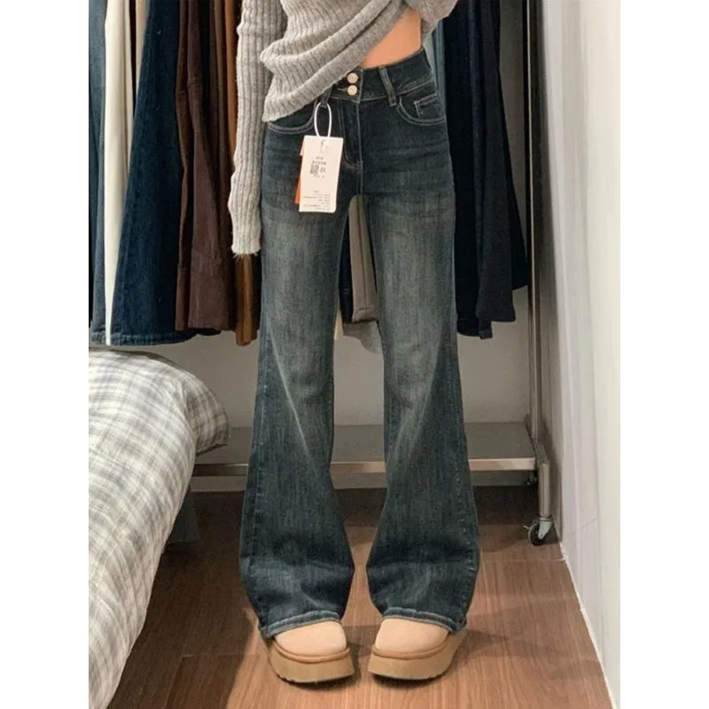 

American High-waisted Elastic Slightly Pulled Jeans 2026 Spring Blue-gray Double-breasted Design Slightly Pulled Floor Trousers