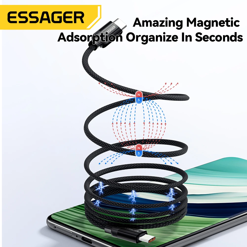 Essager Magnetic Suction Anti Winding 240W USB C To USB Type C PD Fast Charging Cable For iPhone 15 MacBook Samsung QC 4.0 Cord