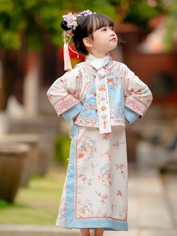 Gege Hanfu เสื้อผ้า2024กี่เพ้ายาวสไตล์จีนสำหรับเด็กผู้หญิงเสื้อผ้าฤดูใบไม้ผลิและฤดูใบไม้ร่วง