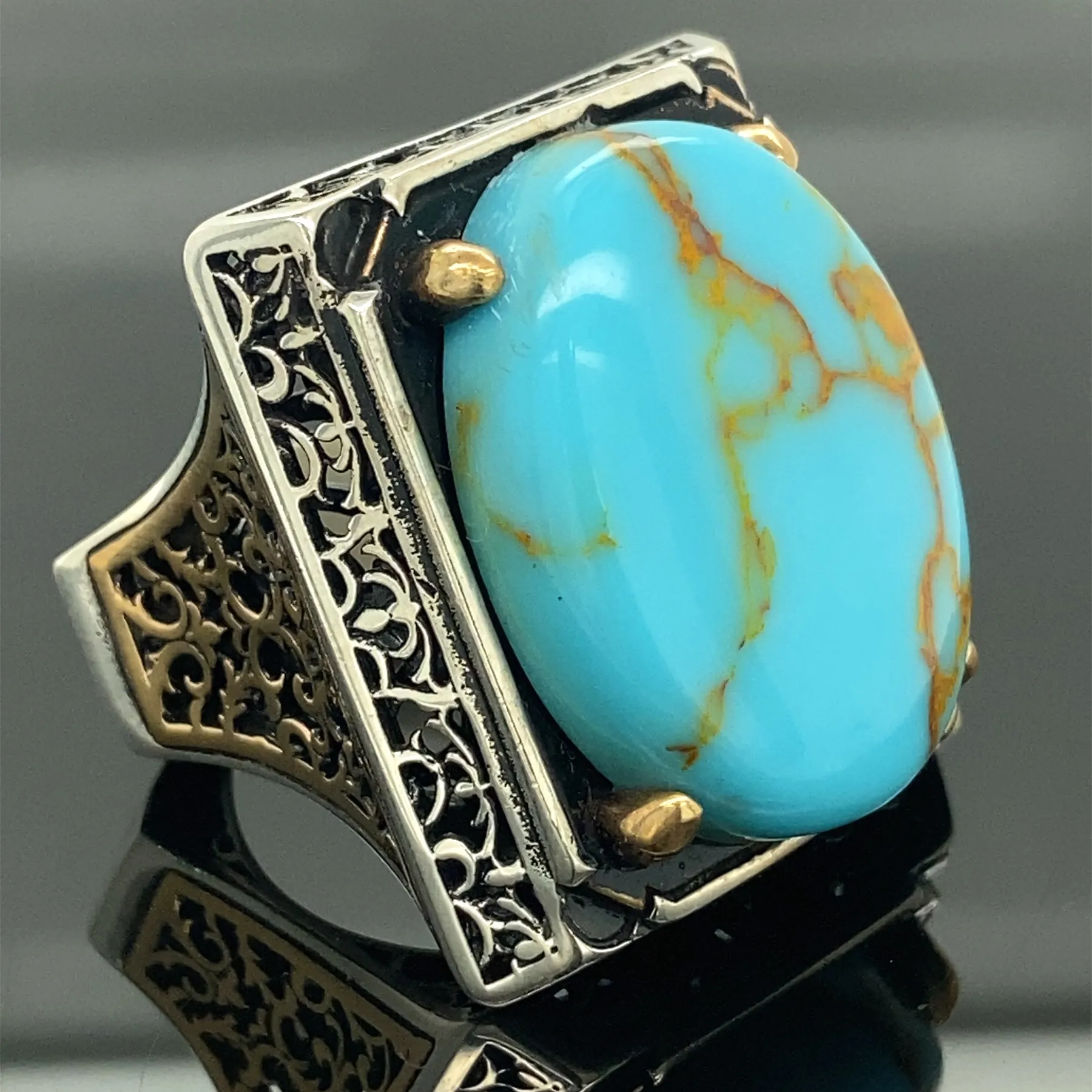 

Mens Handmade Ring , Big Oval Turquoise Ring , Oval Gemstone Ring , Ottoman Jewelry