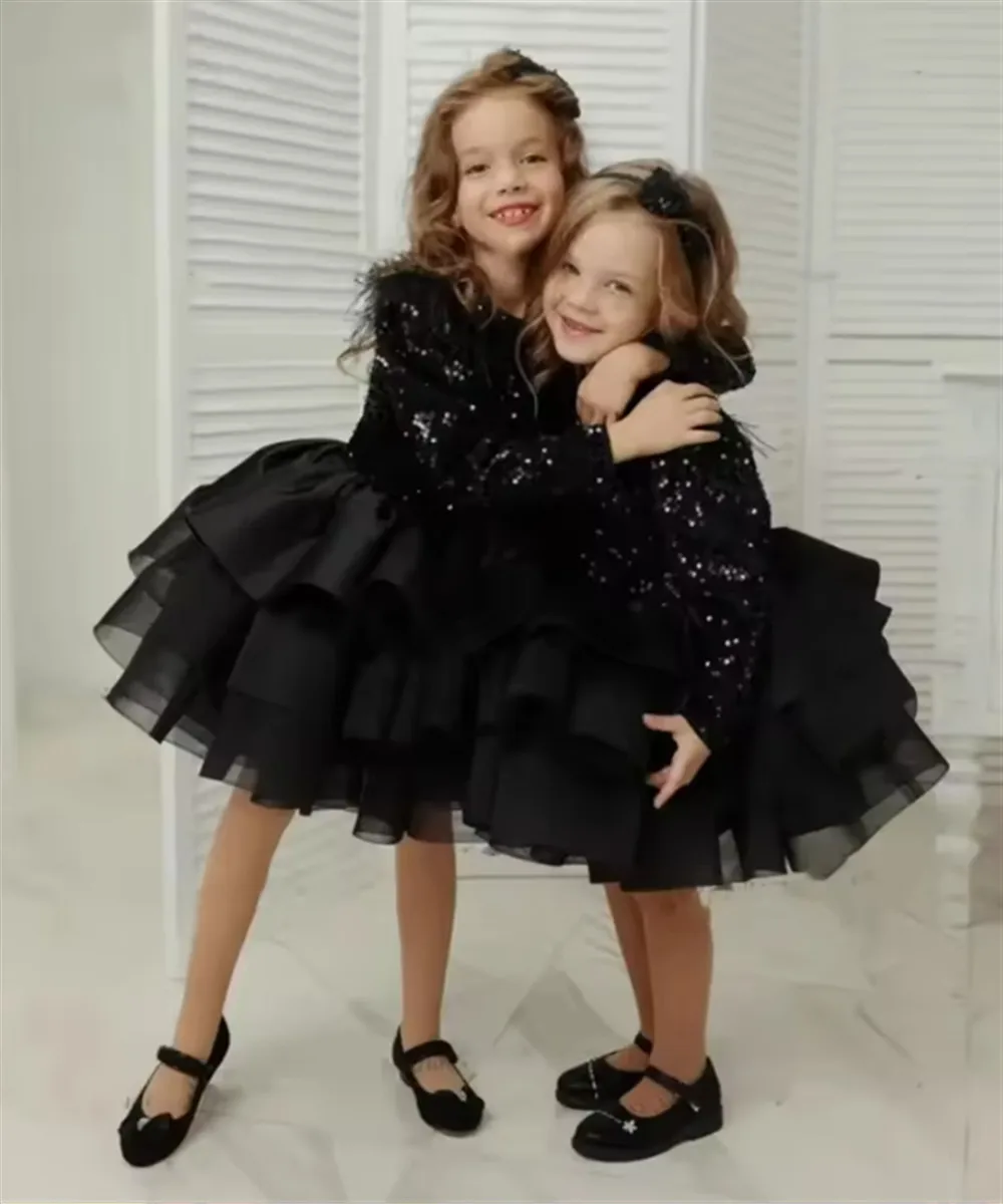 Abito da sposa per ragazza di fiore di lusso con volant nero con paillettes soffici strati per bambini, abito da festa di compleanno, abito da prima comunione personalizzato