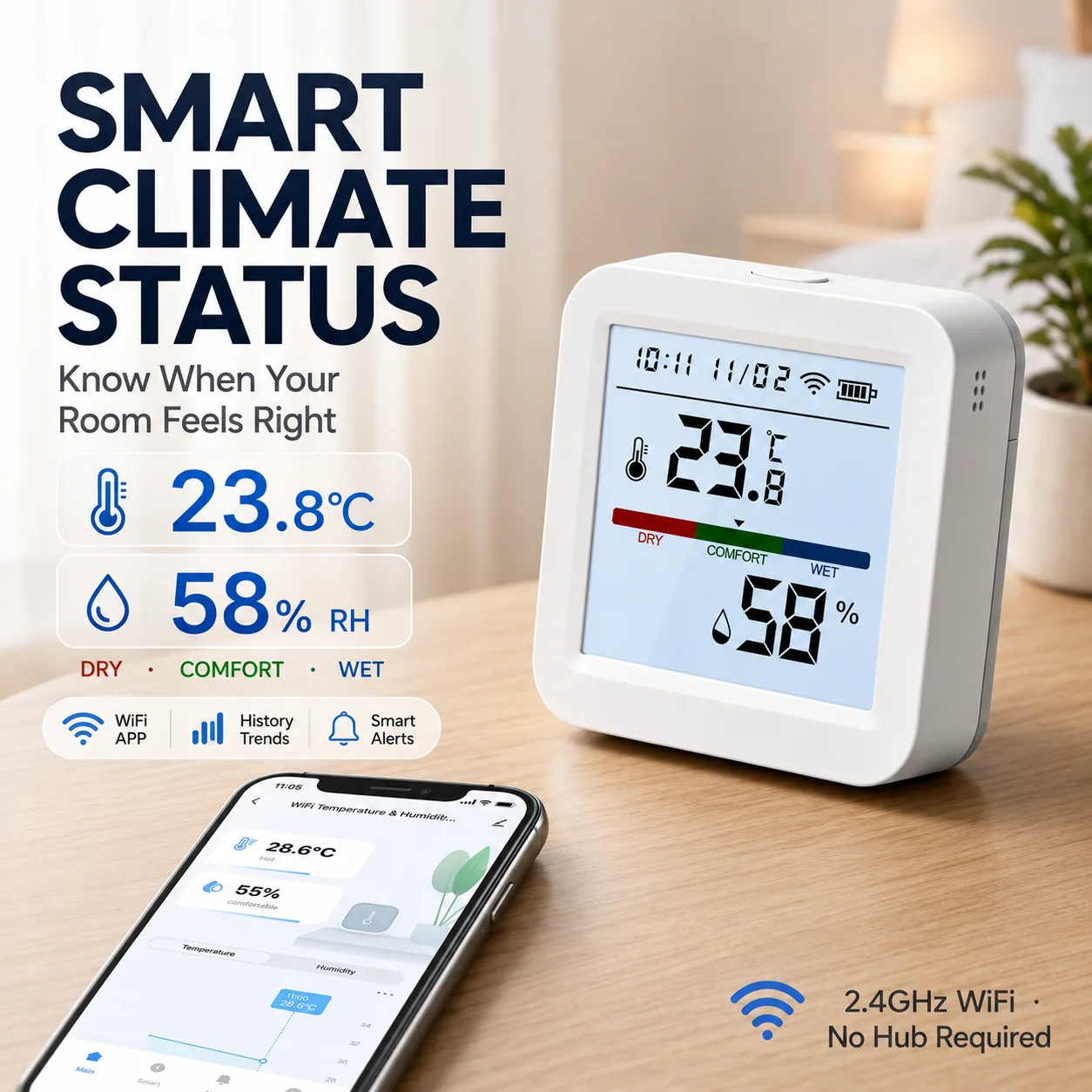 Tuya Smart WiFi Indoor Temperature Humidity Sensor with Backlight LCD Display APP Remote Monitoring Data Records No Hub Required