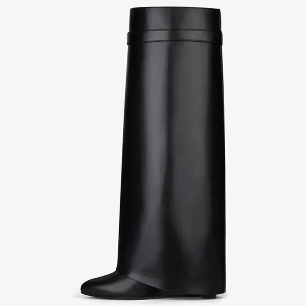 Nuevas botas de longitud media hasta la rodilla de tacón alto y suela gruesa para mujer, botas de tiburón con hebilla de moda, botas grandes talla 43