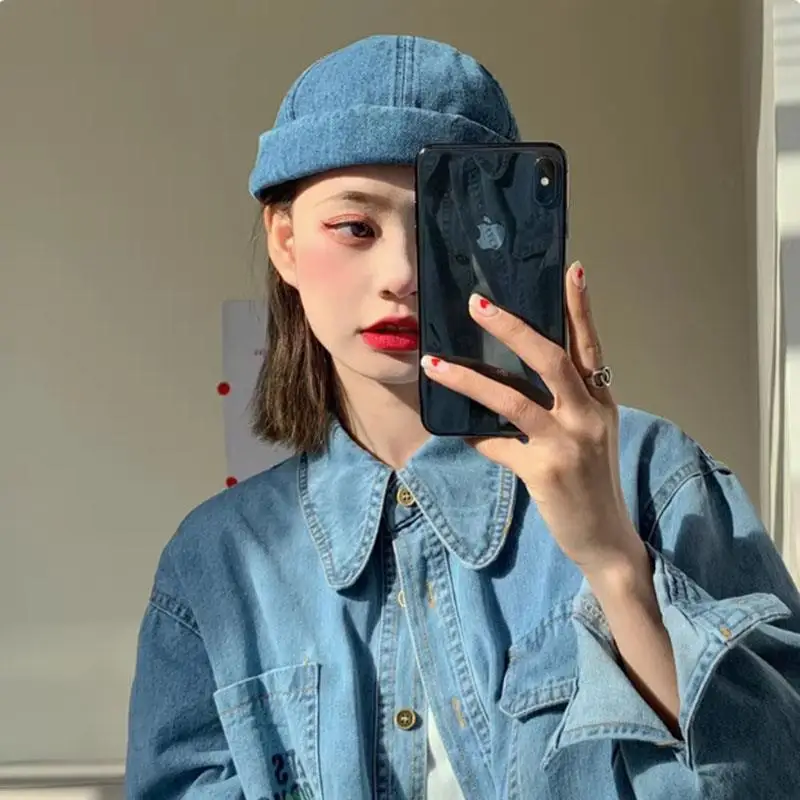 

Vintage Washed Denim Docker Cap Adjustable Brimless Hat Skullcap Solid Beanie Hats Unisex Landlord Hat Streetwear Hip Hop Hats
