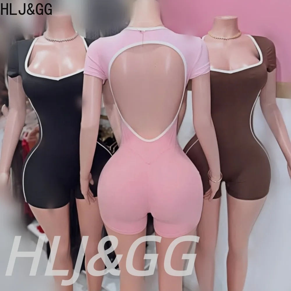 HLJ&GG High Quality Casual Stretchy Sporty One Piece Rompers Women V Neck Short Sleeve Backless Slim Jumpsuits Fashion Overalls