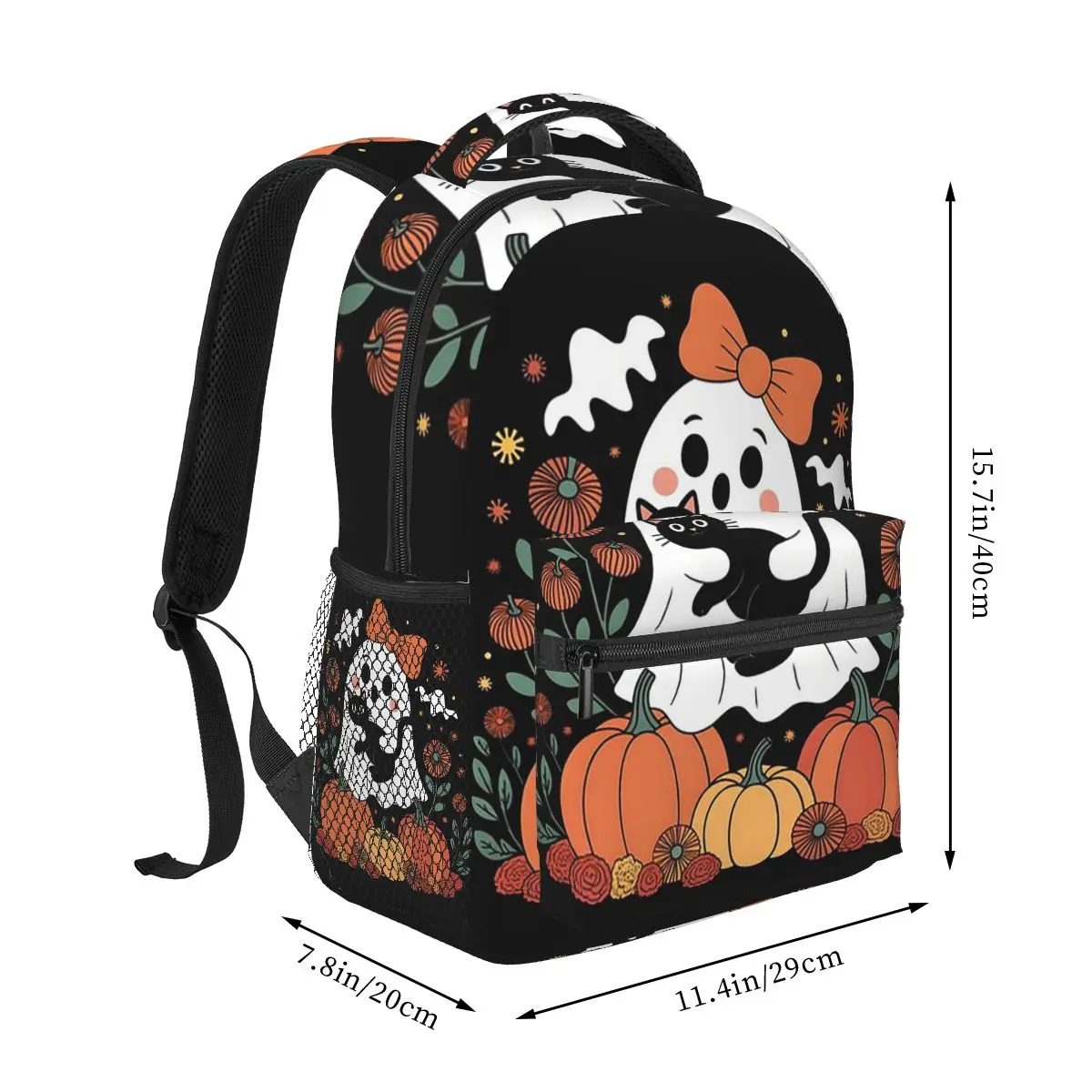 Ghost With Black Cat And Pumpkins Halloween Autumn Backpacks Boys Girls Bookbag Students School Bag Laptop Rucksack Shoulder Bag