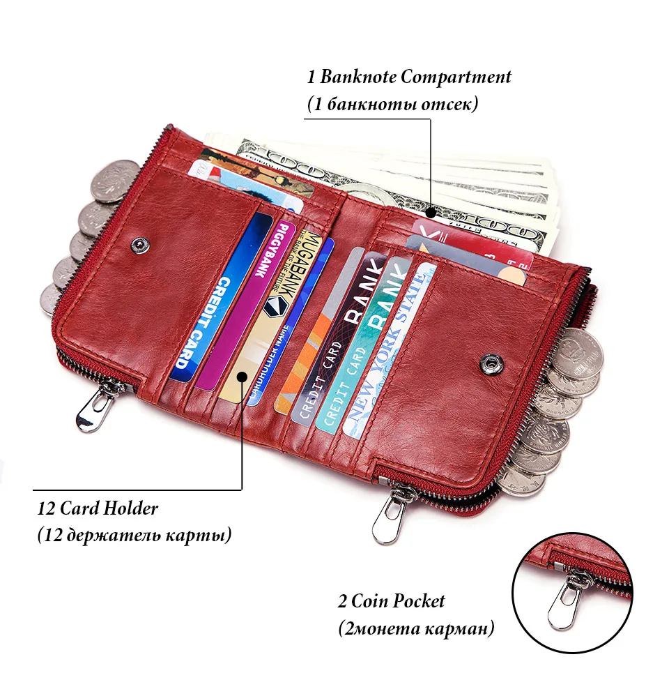 RFID Card Holder Wallet for Men Genuine Leather Small Money Bag Luxury Double Zipper Coin Pocket Quality Male Clutch Carteira