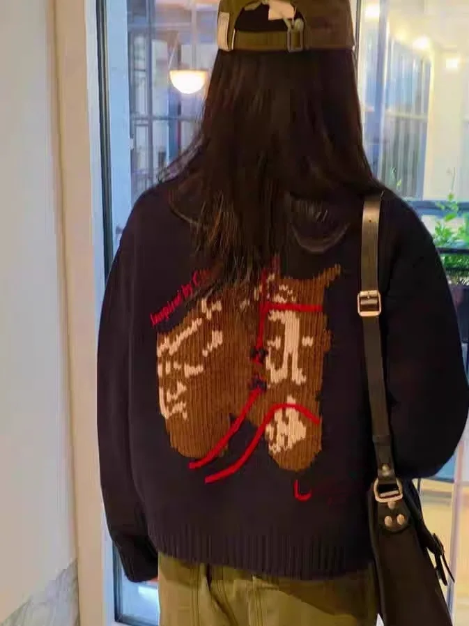 

Winter 2025 Women's Knitwear Outerwear Woolen Cardigan Pattern Embroidery Loose Fit Long Sve Regular Length Coat