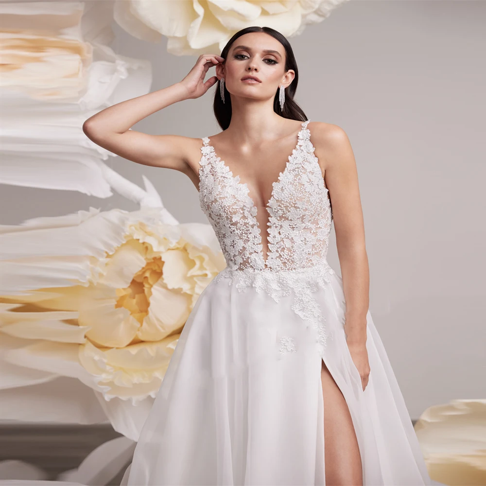 Robes de mariée à imprimé floral pour femmes, robe de soirée princesse, sexy, V profond, patients à fourche haute, quel que soit le design en tulle brillant, 2024