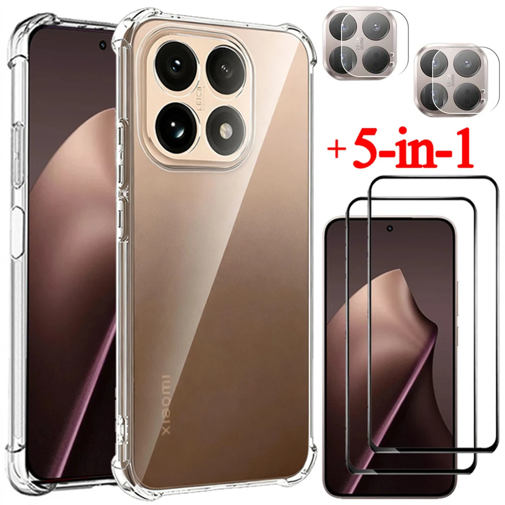 5 в 1, чехол с Airbag + защитное стекло на Mi 15T Xiaomi 15 T Pro glass case Mi15T Pro Xiaomi 15T мягкие прозрачные силиконовые чехлы для телефонов ми 15 т про сяоми 15т чехол для смартфона ксиоми 15т про чехол
