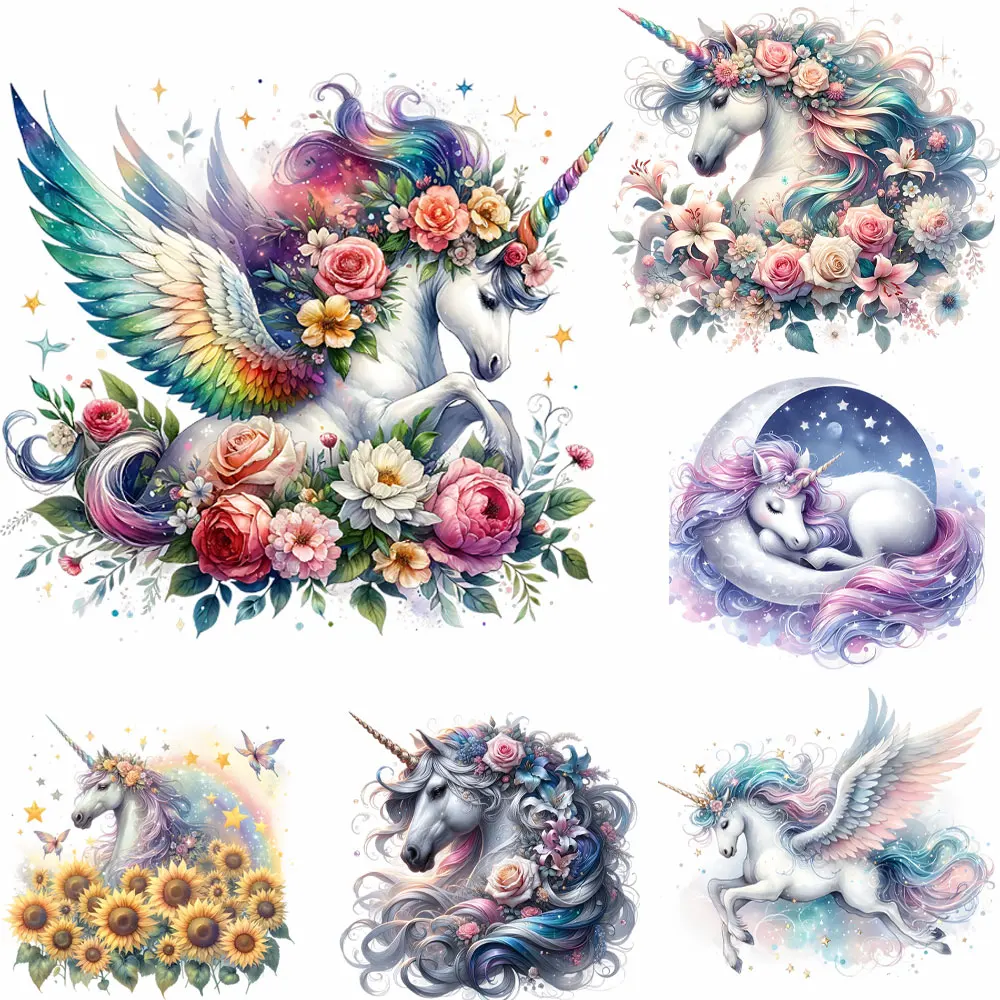 Цветок-Единорог-Животное-Дети-Термопереносная-наклейка-для-одежды-Печатные-виниловые-термоаппликации-Моющаяся-наклейка-на-футболку