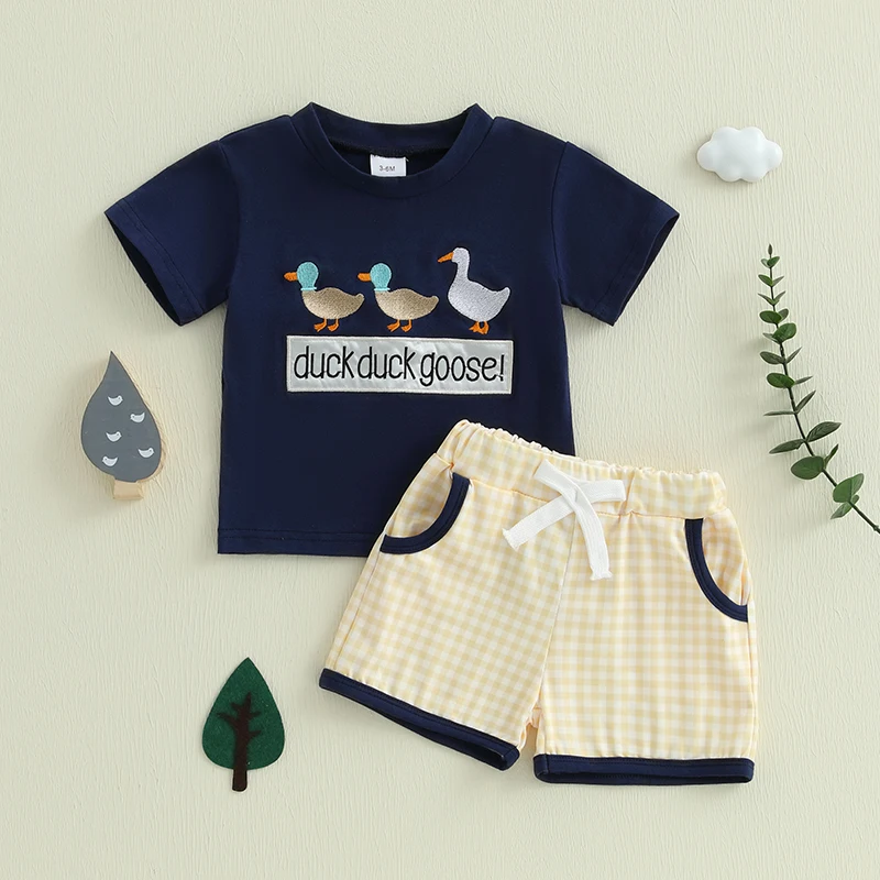 Toddler Boys Summer Outfits Letter Duck Embroidery Round Neck Short Sleeve T-Shirts Plaid Elastic Waist Shorts 2Pcs Clothes Set