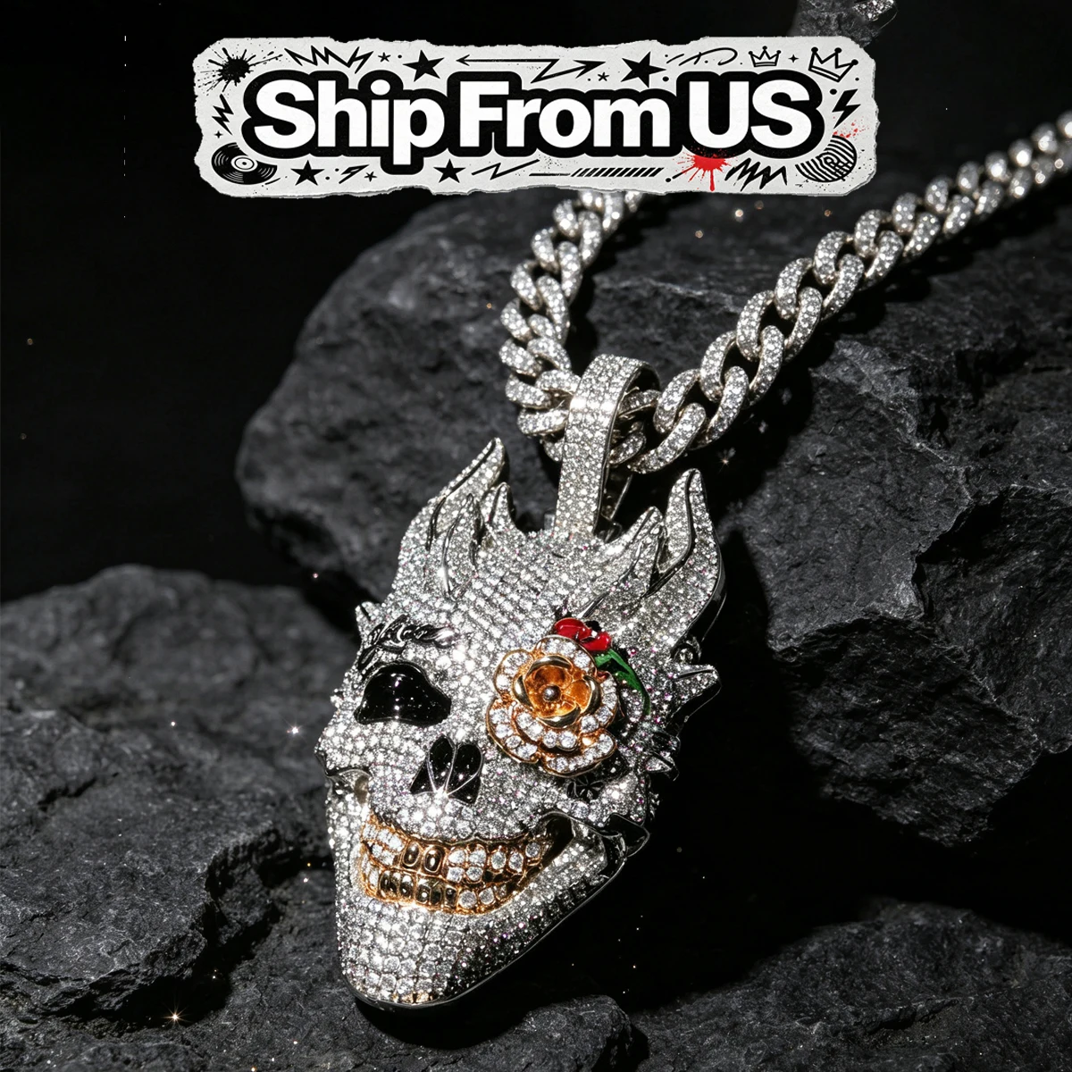 Bling Statement Charm Necklace Men Streetwear Rap Culture Cuban Chain Accessory Gothic Skeleton Demon Face Ornament Fine Jewelry Gifts for Boy Friends Iced Out Full Cubic Zirconia Devil Skull Mask Design Rose Flower Eye 18K Gold Plated Hip Hop Pendant