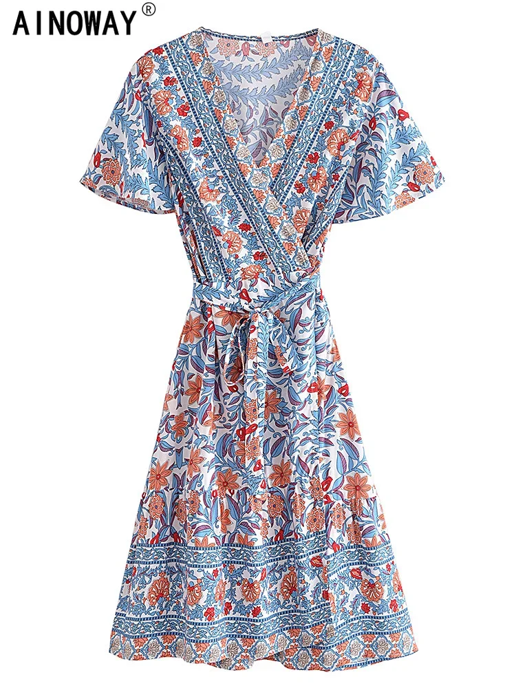 Bohemian Chic Women Blue Floral Print Cross V-neck Wrap Beach Summer Mini Dress Ladies Short Robe Rayon Boho Dresses Vestidos