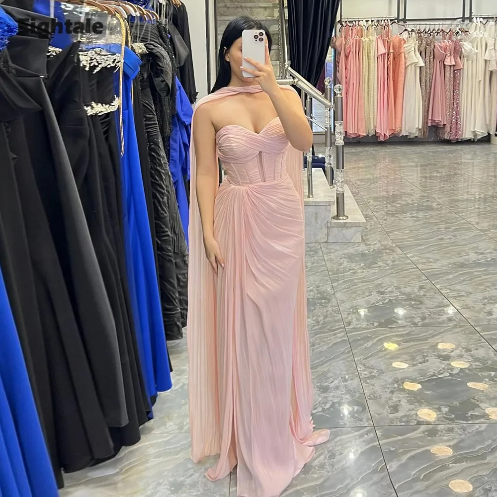 

Eightale Arabic Evening Dress Sweetheart Pleats Crepe Customized Off Shoulder Muslim Peach Prom Wedding Party Gown