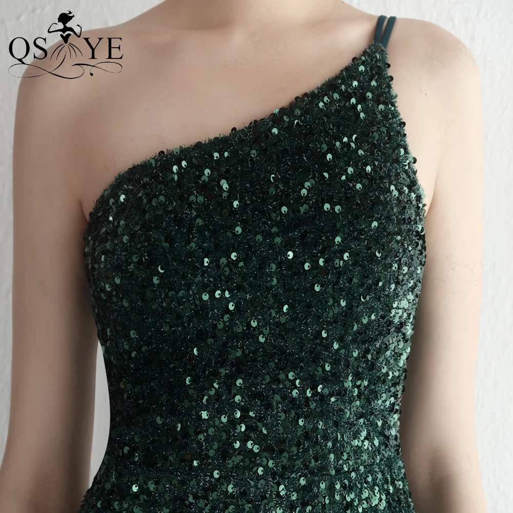 One Shoulder Green Evening Dresses Mermaid Sequin Prom Gown Glitter Lace Long Formal Party Open Split Women Fashion Prom Dress