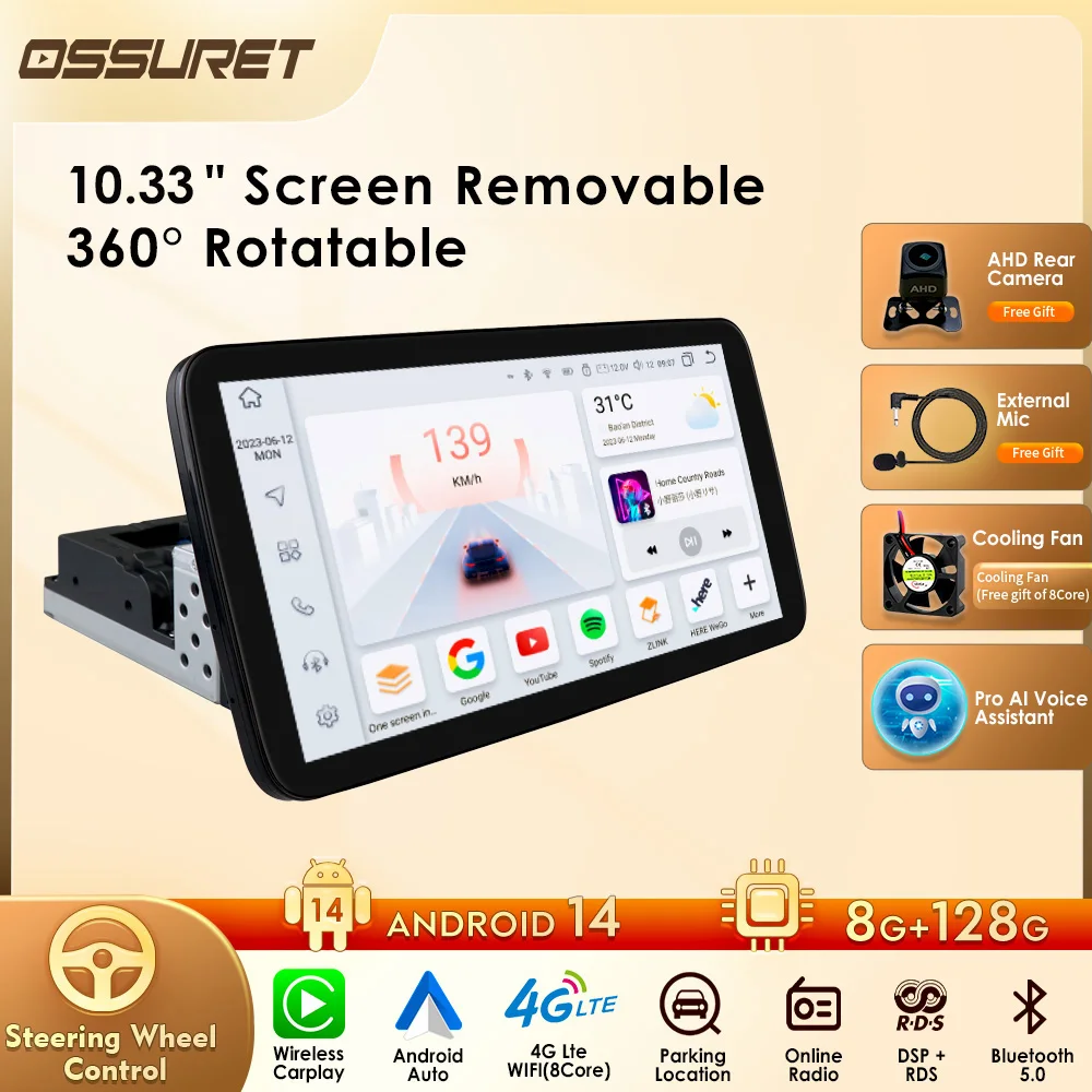 1 Din Octa Core Wireless Carplay Android Auto Universal Car Radio 360° Rotatable Multimedia Video Player WIFI TPMS OBD DAB DVR