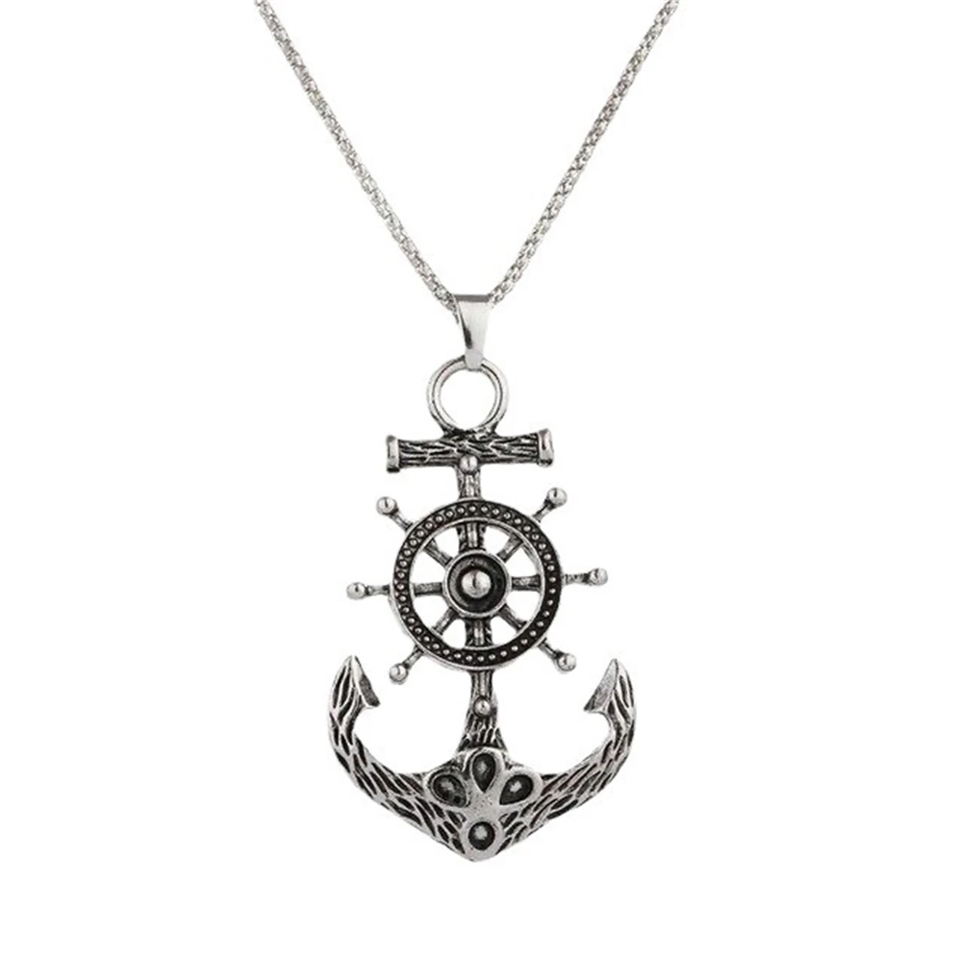 Fashion Vintage Punk Pirate Captain Rudder with Anchor Nautical Charm Pendant Necklace Men\'s Jewelry Gift