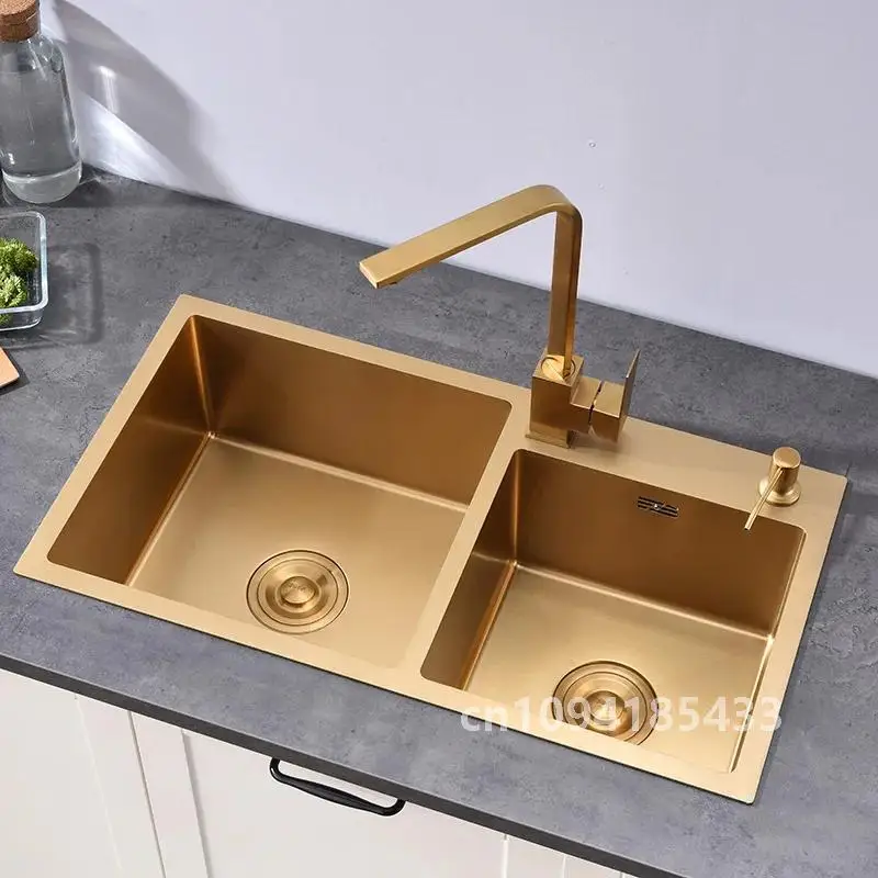 Gold Kitchen Sink Above Counter or Undermount double Bowl Goldn Basket Drainer Soap Dispenser Washing Basin 304 Stainless Steel