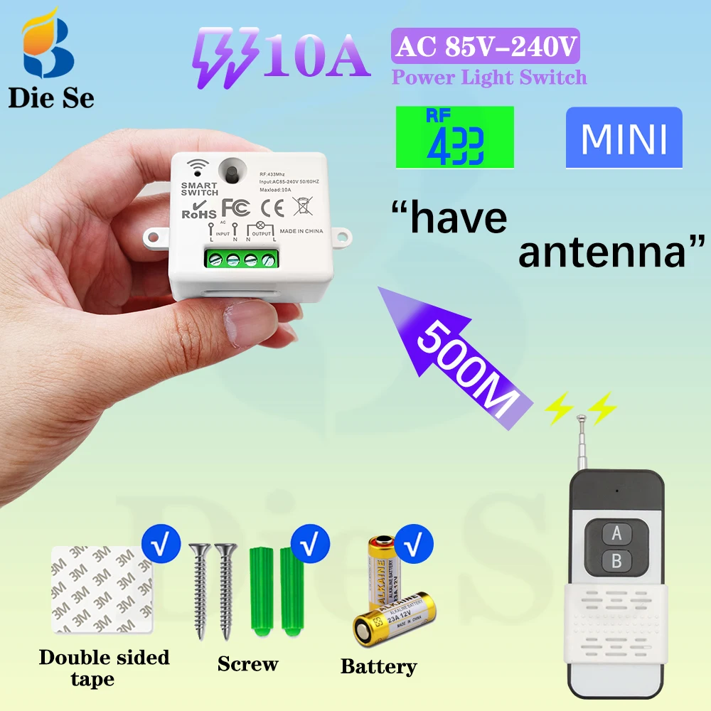 433MHz Wireless Remote Control Transmitter 500m AC 220V 1CH Receiver Mini Size Module Universal Switch  for LED/Light/Fan