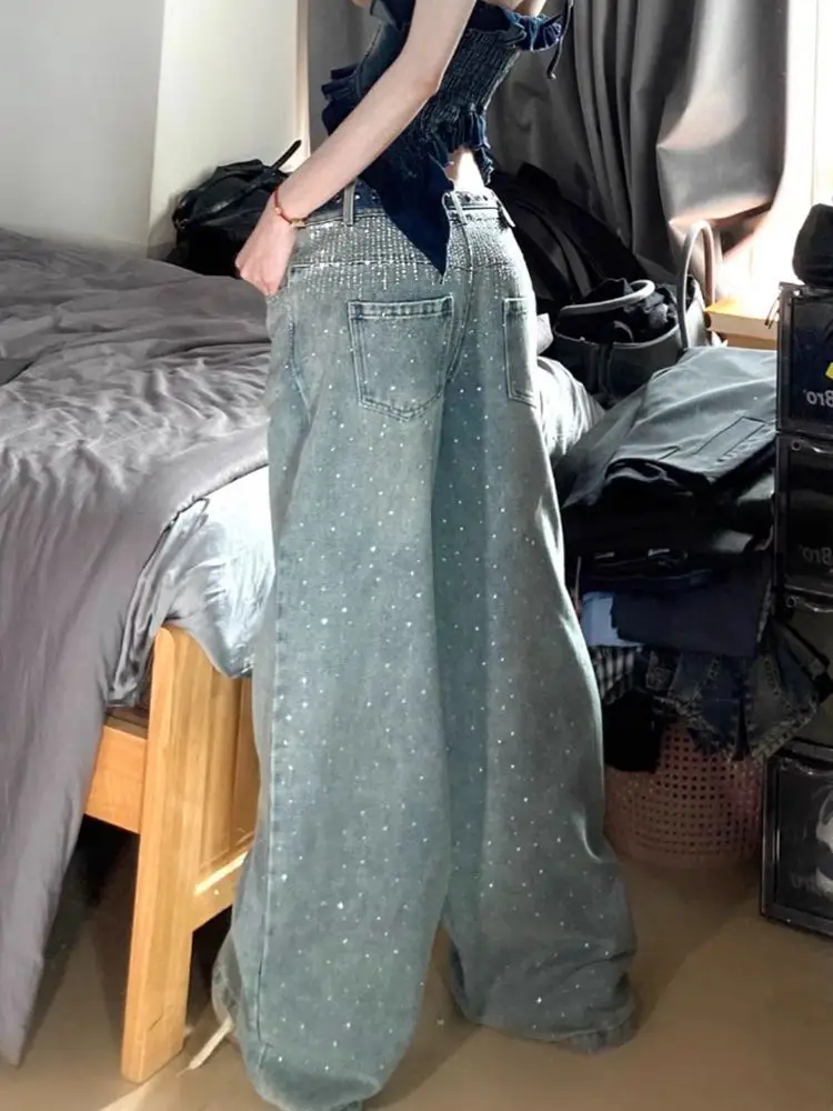 여성 빈티지 배기 라인스톤 맘 진 2025 가을 Y2K 하라주쿠 와이드 레그 데님 팬츠 2000년대 사이버 펑크 그런지 트라우저