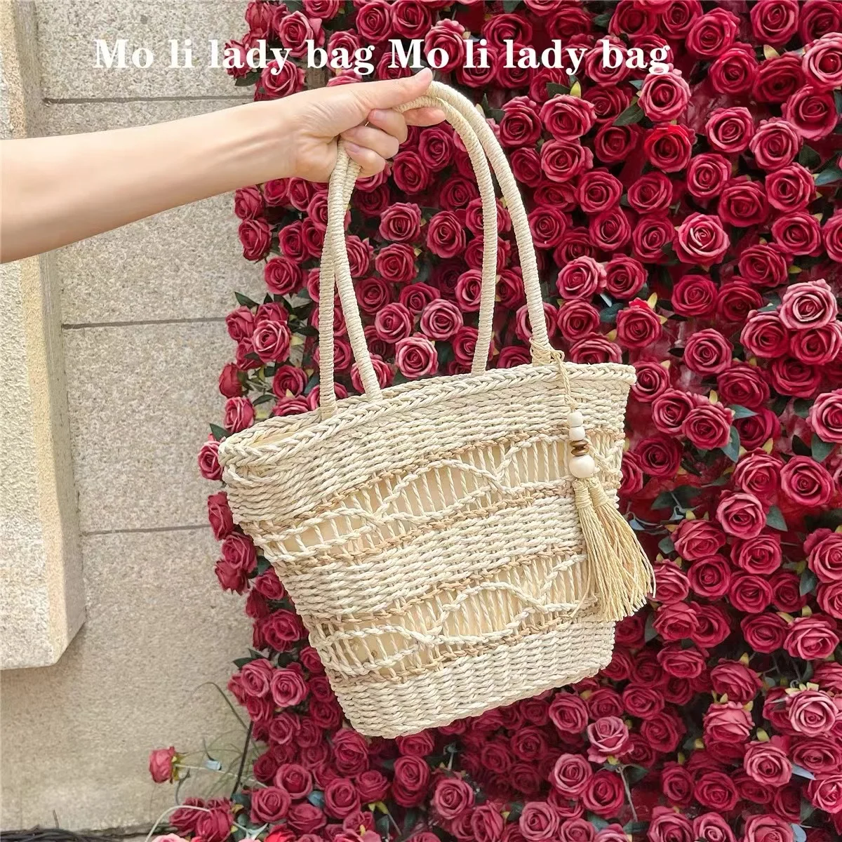 Straw Woven Handmade Bucket Bag Women Fashion Bag Large Capacity Shoulder Bag Casual Bag Holiday Vacation Beach Bag Lady Purse