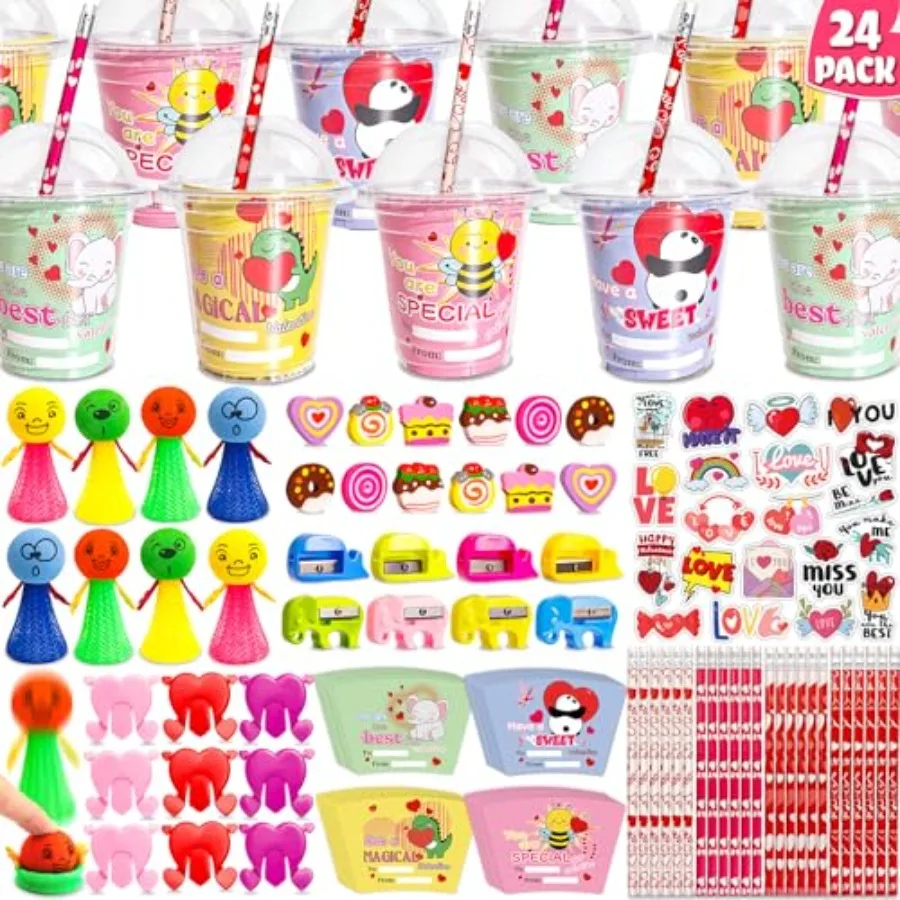 

24 Pack Valentines Day Gifts for Valentines Day Cards for School Stationery Set with Cards Pencils Stickers Erasers Sharpener C