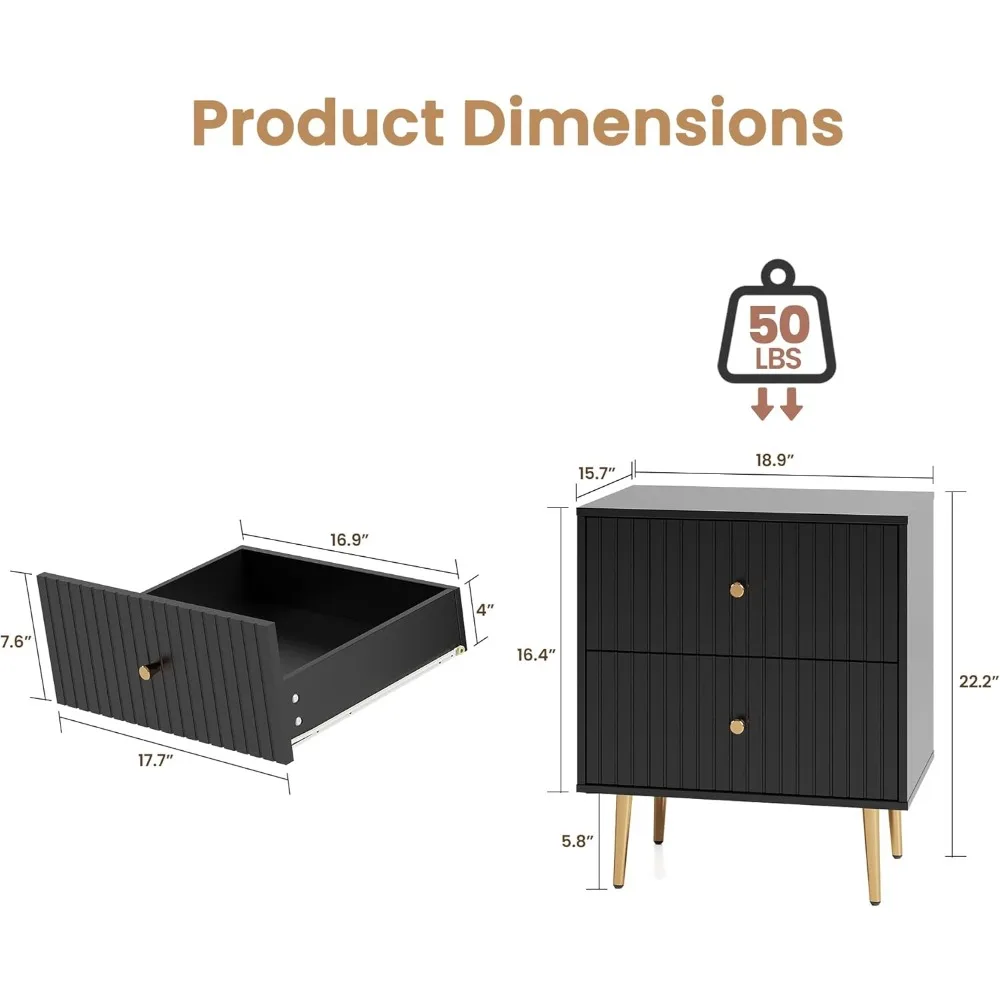 Zwarte nachtkastjes set van 2 personen, nachtkastje met opbergruimte met 2 lades, modern nachtkastje en bijzettafeltje van hout met rosé goud