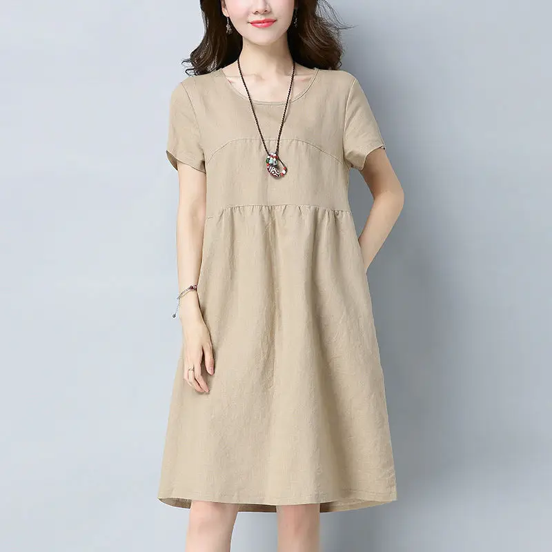 

Round Neck Loose Solid Color Dresses Short Sleeve Simplicity Summer Thin Dignified Elegant Fashion Korean Women's Clothing 2023