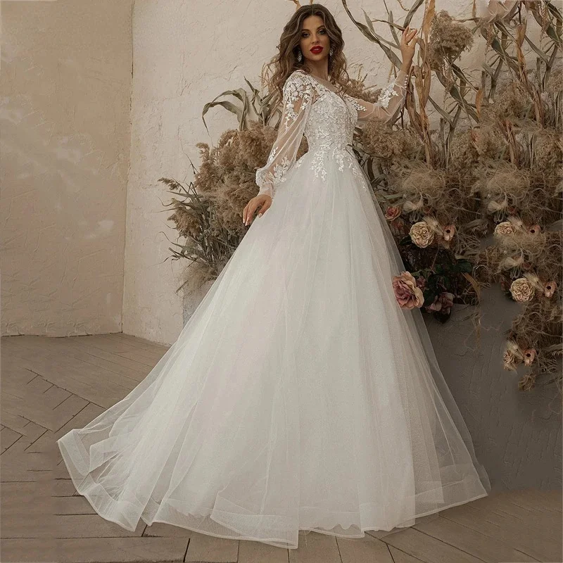 Elegant A Line Boho Bridal Gown For Women Lace Appliques O Neck Long Sleeve  Wedding Dress Customized Princess Dresses