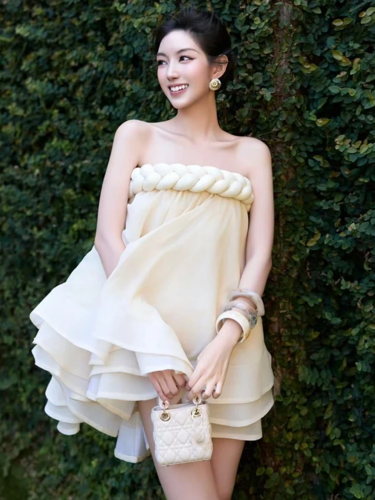 

Women Beige Party Two Piece Set Sexy Strapless Hemp Rope A-line Mini Dress With Shorts Suits Evening Cocktail Party Set