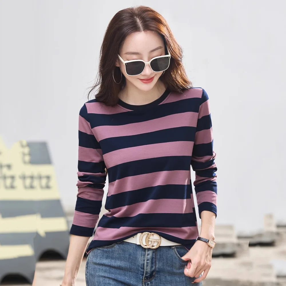 

New Women Spring Autumn Striped T-shirt Fashion O-Neck Long Sleeve Cotton T-shirt Simplicity Casual Basic Loose T-shirt